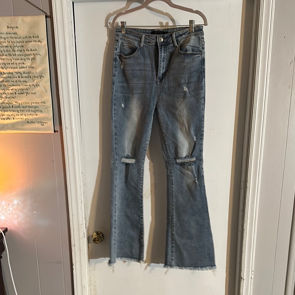 Risen Blue Flare Wide Leg Jeans with Distressed Details